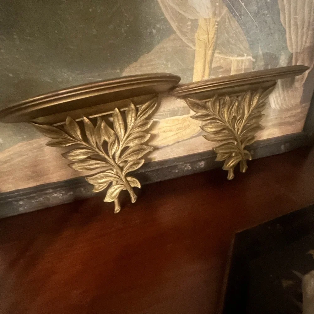 Pair of Syroco wood vintage wall shelves, gold leaves